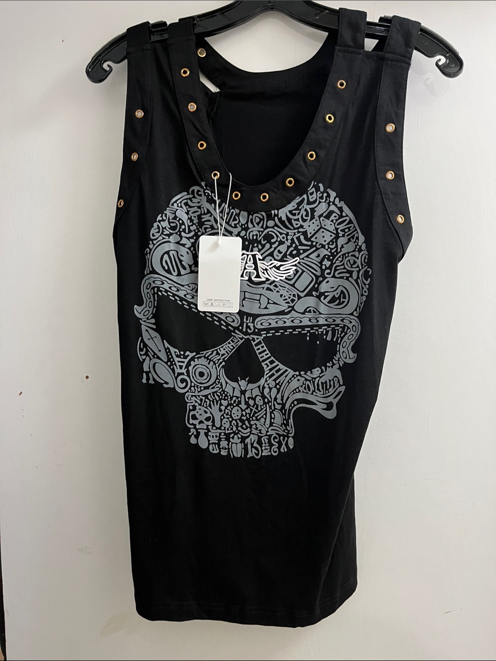 Black Skull Graphic Tank Top with Grommet Detail
